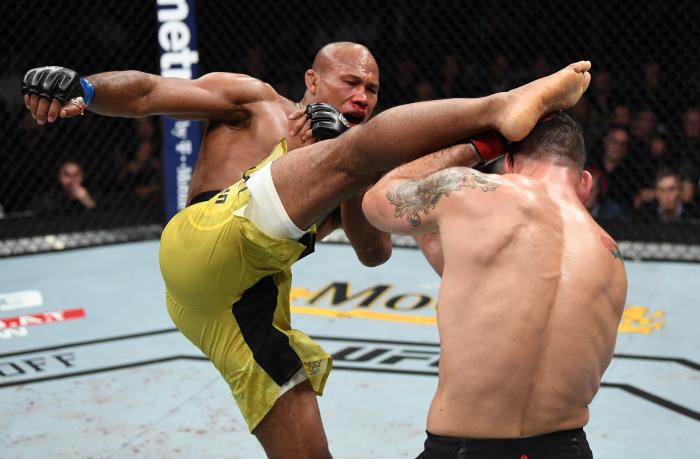 NEW YORK, NY - NOVEMBER 03: (L-R) Ronaldo Souza of Brazil kicks Chris Weidman in their middleweight bout during the UFC 230 event inside Madison Square Garden on November 3, 2018 in New York, New York. (Photo by Jeff Bottari/Zuffa LLC via Getty Images)