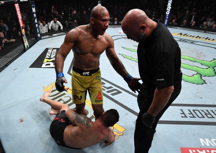 NEW YORK, NY - NOVEMBER 03: Ronaldo Souza of Brazil pleads with referee Dan Miragliotta to stop the fight after dropping Chris Weidman with a punch in their middleweight bout during the UFC 230 event inside Madison Square Garden on November 3, 2018 in New York, New York. (Photo by Jeff Bottari/Zuffa LLC via Getty Images)