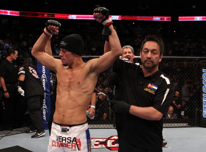 Nate Diaz celebrates his win