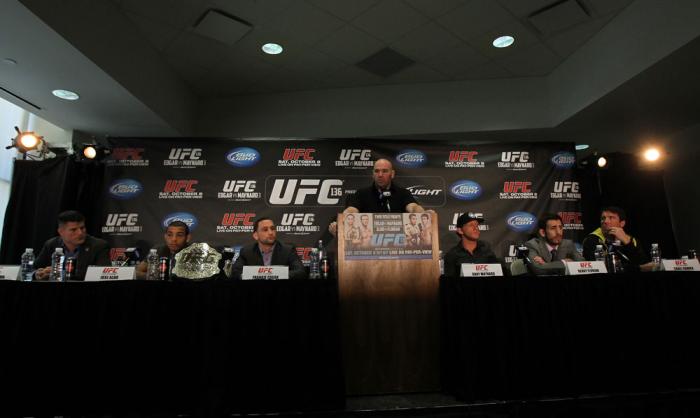(L-R) Brian Stann, Jose Aldo, Frankie Edgar, UFC President Dana White, Gray Maynard, Kenny Florian and Chael Sonnen