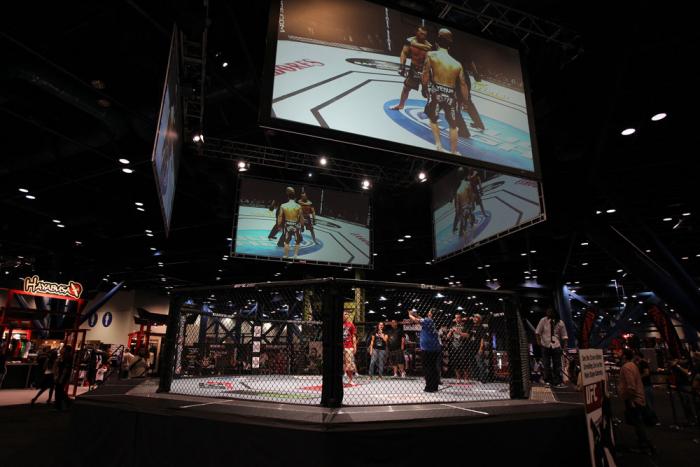 UFC fans take pictures inside the UFC Octagon