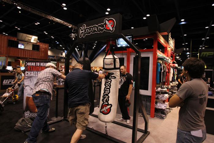 Fans take part in a striking challenge at the Hayabusa booth