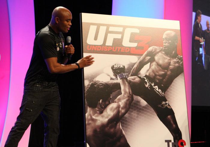 UFC Middleweight Champion Anderson Silva speaks on stage after the cover artwork for UFC Undisputed 3 is unveiled at the UFC Fan Expo