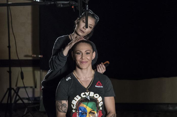 Cris Cyborg gets ready for a UFC 232 promotional interview
