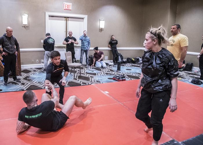 Henry Cejudo with Paige VanZant at their evening workout during UFC Brooklyn Fight Week