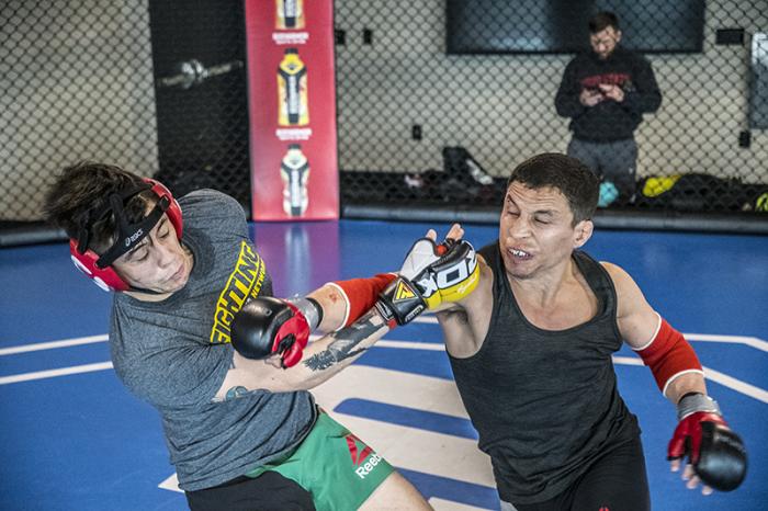 Las Vegas 3/20/18 - Flyweight Brandon Moreno of Mexico sparring with Joseph Benavidez at the UFC Performance Institute in Las Vegas in preparation for UFC 223.