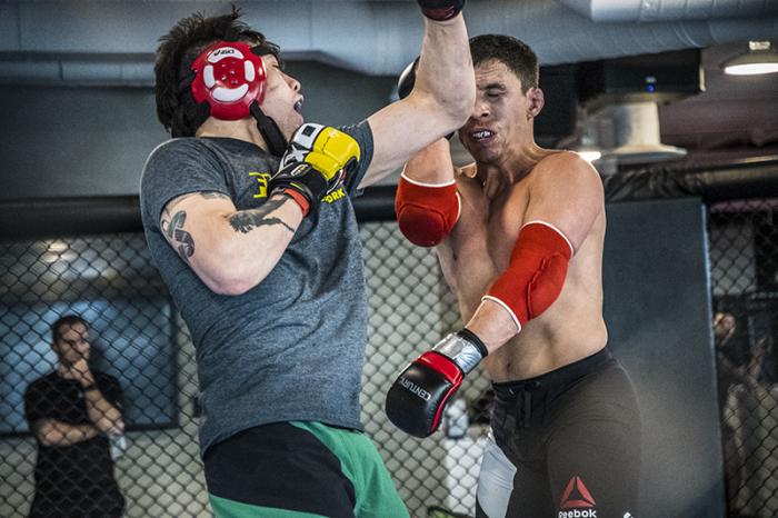 Las Vegas 3/20/18 - Flyweight Brandon Moreno of Mexico sparring with Joseph Benavidez at the UFC Performance Institute in Las Vegas in preparation for UFC 223.