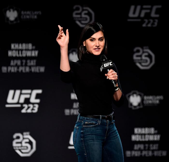 BROOKLYN, NY - APRIL 04: UFC host Megan Olivi interacts with the fans during the UFC 223 Open Workouts at the Music Hall of Williamsburg on April 4, 2018 in Brooklyn, New York. (Photo by Jeff Bottari/Zuffa LLC)