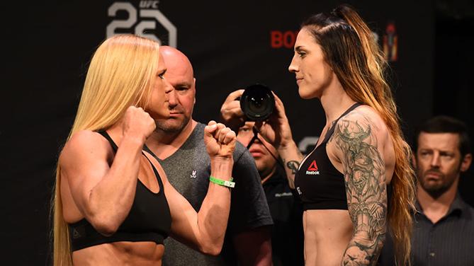CHICAGO, ILLINOIS - JUNE 08: (L-R) Opponents Holly Holm and Megan Anderson of Australia face off during the UFC 225 weigh-in at the United Center on June 8, 2018 in Chicago, Illinois. (Photo by Josh Hedges/Zuffa LLC/Zuffa LLC via Getty Images)