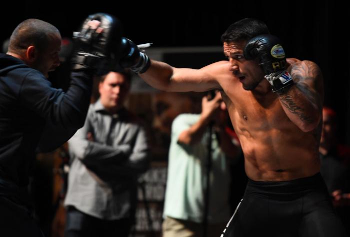 CHICAGO, ILLINOIS - JUNE 06: Rafael Dos Anjos of Brazil works out for fans and media during the UFC 225 Open Workouts at the Chicago Theatre on June 6, 2018 in Chicago, Illinois. (Photo by Josh Hedges/Zuffa LLC/Zuffa LLC via Getty Images)