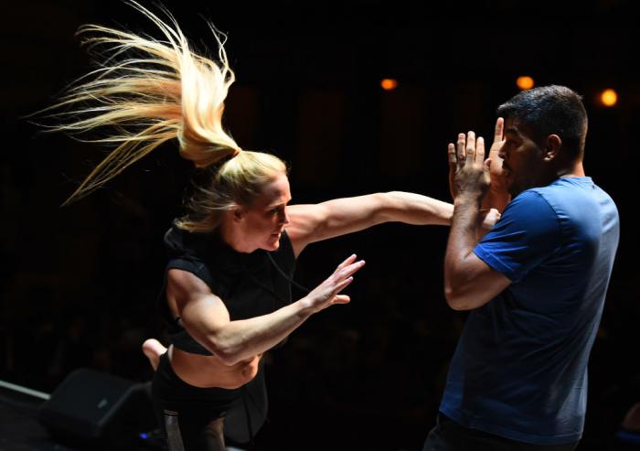 CHICAGO, ILLINOIS - JUNE 06: Holly Holm works out for fans and media during the UFC 225 Open Workouts at the Chicago Theatre on June 6, 2018 in Chicago, Illinois. (Photo by Josh Hedges/Zuffa LLC/Zuffa LLC via Getty Images)