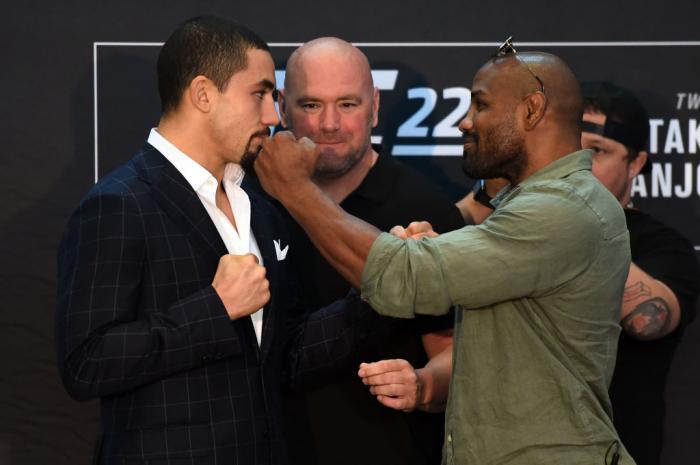 CHICAGO, ILLINOIS - JUNE 07: (L-R) Opponents Robert Whittaker of New Zealand and Yoel Romero of Cuba face off during the UFC 225 Ultimate Media Day at the United Center on June 7, 2018 in Chicago, Illinois. (Photo by Josh Hedges/Zuffa LLC/Zuffa LLC via