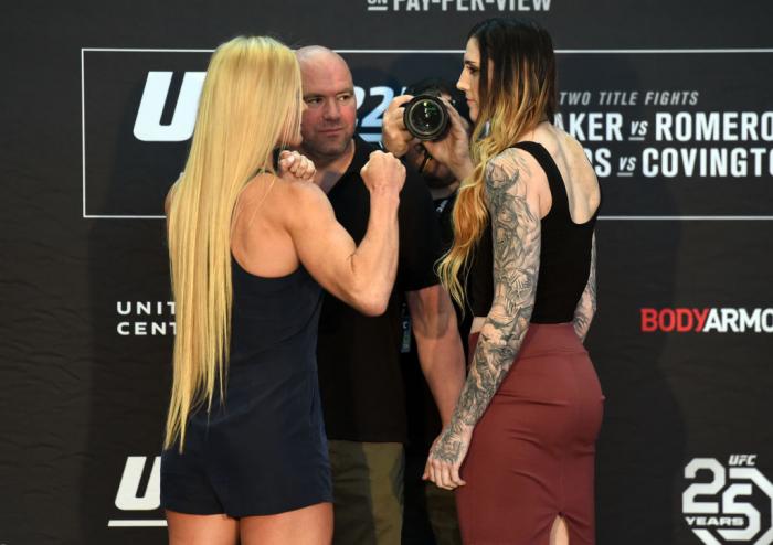CHICAGO, ILLINOIS - JUNE 07: (L-R) Opponents Holly Holm and Megan Anderson of Australia face off during the UFC 225 Ultimate Media Day at the United Center on June 7, 2018 in Chicago, Illinois. (Photo by Josh Hedges/Zuffa LLC/Zuffa LLC via Getty Images)