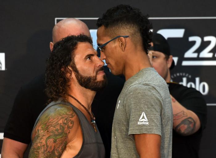 CHICAGO, ILLINOIS - JUNE 07: (L-R) Opponents Clay Guida and Charles Oliveira of Brazil face off during the UFC 225 Ultimate Media Day at the United Center on June 7, 2018 in Chicago, Illinois. (Photo by Josh Hedges/Zuffa LLC/Zuffa LLC via Getty Images)