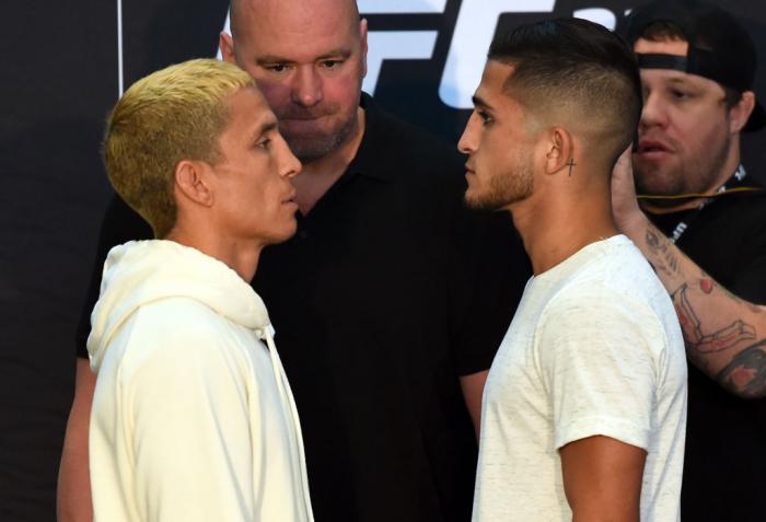 CHICAGO, ILLINOIS - JUNE 07: (L-R) Opponents Joseph Benavidez and Sergio Pettis face off during the UFC 225 Ultimate Media Day at the United Center on June 7, 2018 in Chicago, Illinois. (Photo by Josh Hedges/Zuffa LLC/Zuffa LLC via Getty Images)