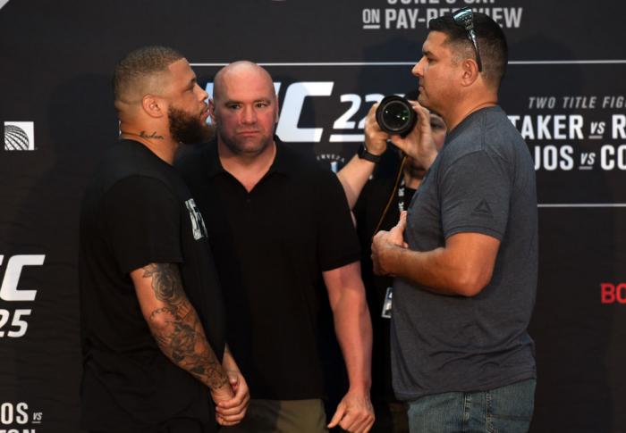 CHICAGO, ILLINOIS - JUNE 07: (L-R) Opponents Rashad Coulter and Chris De La Rocha face off during the UFC 225 Ultimate Media Day at the United Center on June 7, 2018 in Chicago, Illinois. (Photo by Josh Hedges/Zuffa LLC/Zuffa LLC via Getty Images)