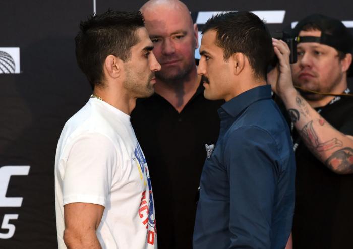 CHICAGO, ILLINOIS - JUNE 07: (L-R) Opponents Ricardo Lamas and Mirsad Bektic of Bosnia face off during the UFC 225 Ultimate Media Day at the United Center on June 7, 2018 in Chicago, Illinois. (Photo by Josh Hedges/Zuffa LLC/Zuffa LLC via Getty Images)