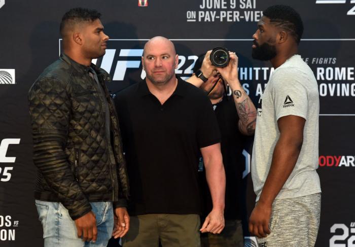 CHICAGO, ILLINOIS - JUNE 07: (L-R) Opponents Alistair Overeem of The Netherlands and Curtis Blaydes face off during the UFC 225 Ultimate Media Day at the United Center on June 7, 2018 in Chicago, Illinois. (Photo by Josh Hedges/Zuffa LLC/Zuffa LLC via G