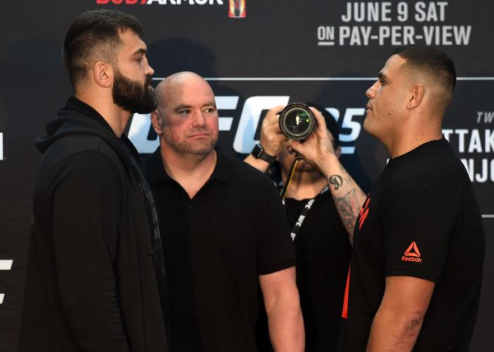 CHICAGO, ILLINOIS - JUNE 07: (L-R) Opponents Andrei Arlovski of Belarus and Tai Tuivasa of Australia face off during the UFC 225 Ultimate Media Day at the United Center on June 7, 2018 in Chicago, Illinois. (Photo by Josh Hedges/Zuffa LLC/Zuffa LLC via