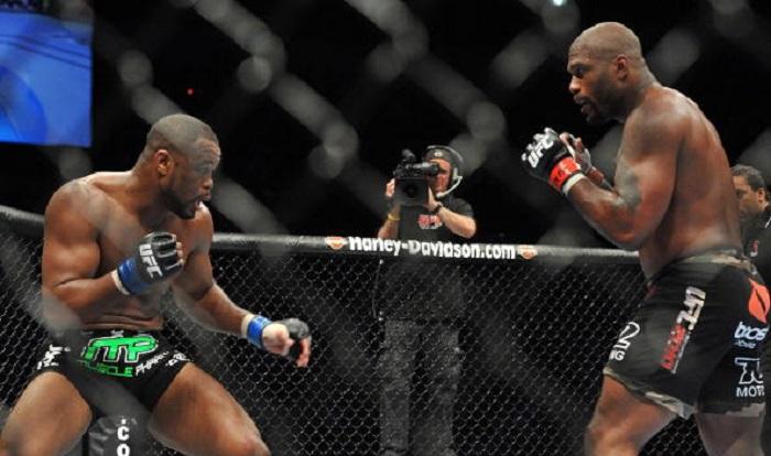 UFC fighter Rashad Evans (L) battles UFC fighter Quinton 'Rampage' Jackson (R) during their Light Heavyweight fight at UFC 114: Rampage vs. Evans at the MGM Grand Hotel on May 29, 2010 in Las Vegas, Nevada. (Photo by Jon Kopaloff/Zuffa, LLC via Getty Imag
