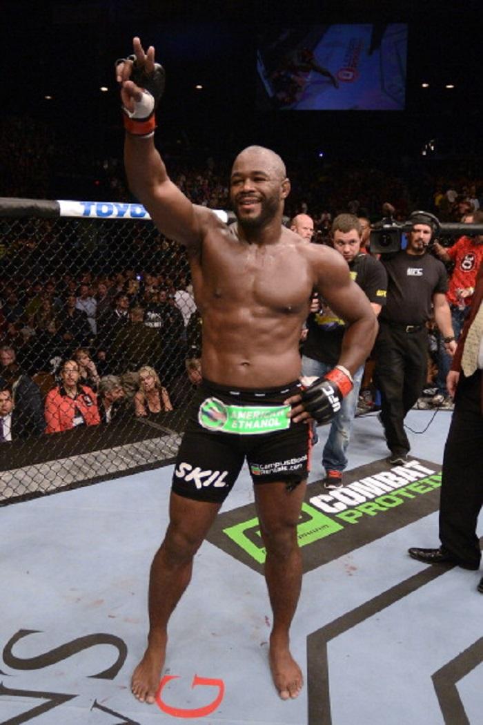 LAS VEGAS - NOVEMBER 16: Rashad Evans reacts to his victory over Chael Sonnen in their light heavyweight bout during the UFC 167 event inside the MGM Grand Garden Arena on November 16, 2013 in Las Vegas, Nevada. (Photo by Donald Miralle/Zuffa LLC/Zuffa LL