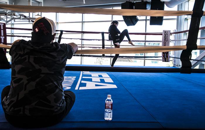 Las Vegas 5/27/18 - Antonina Shevchenko at the UFC Performance Institute in las Vegas preparing for Dana White's Tuesday Night Contender Series. her coach Pavel Fedotov watches. (Photo credit: Juan Cardenas)