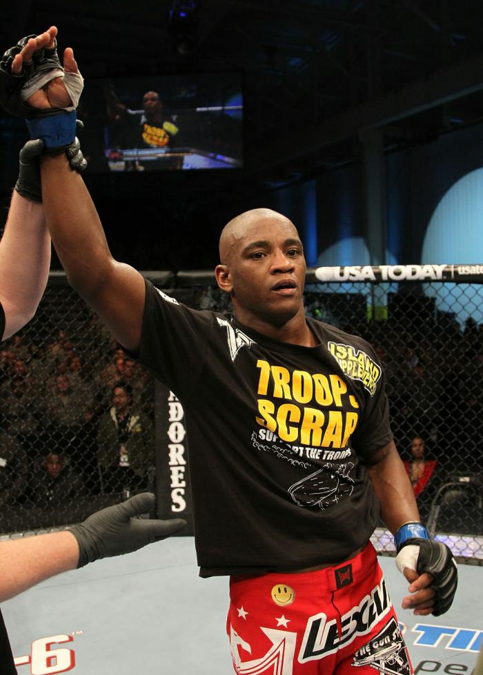 Yves Edwards celebrates his win over Cody McKenzie.