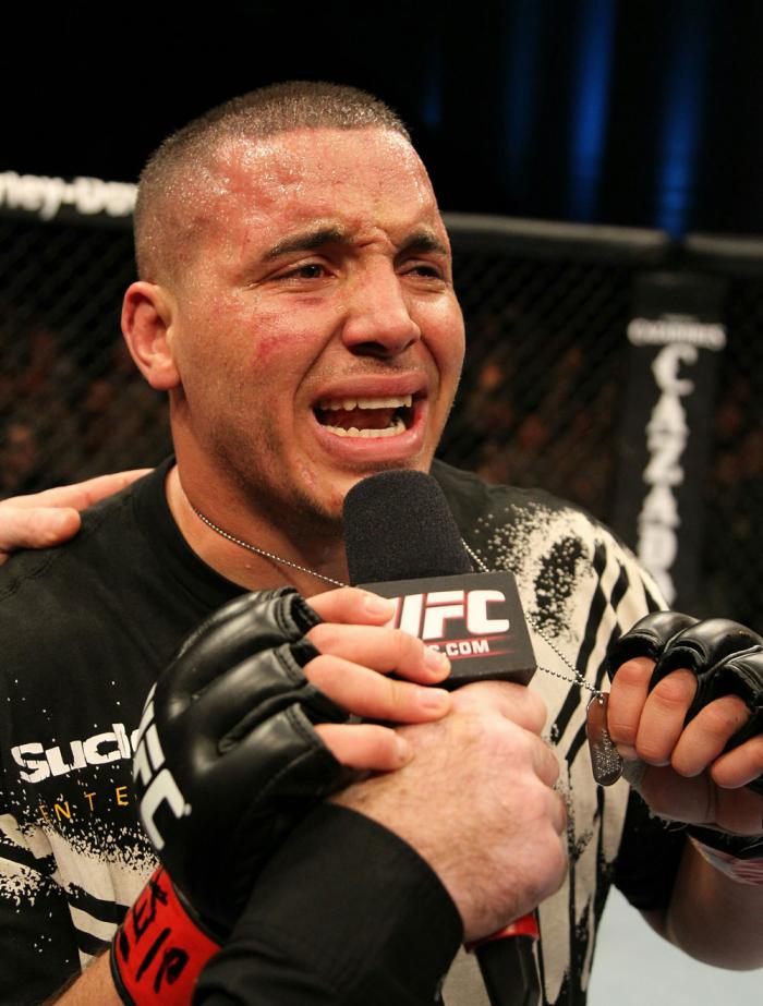 Pat Barry becomes emotional after his win over Joey Beltran.