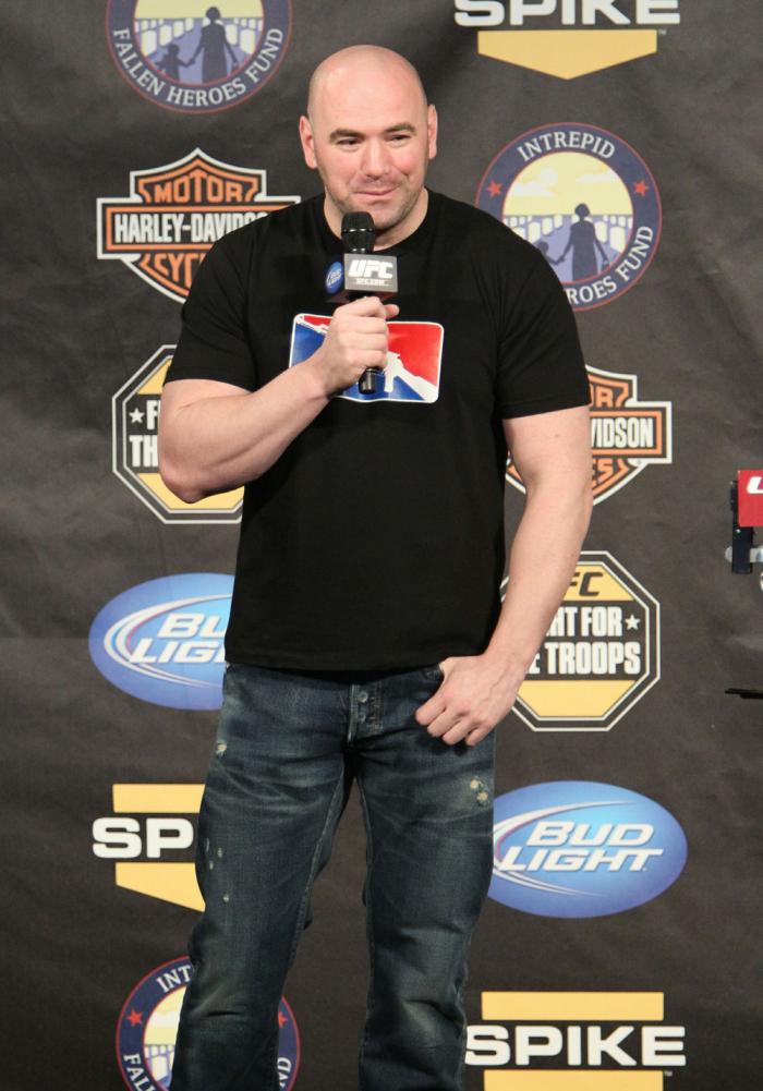 UFC President Dana White answers questions from the troops during a Q&A session at the UFC Fight for the Troops Weigh-in.
