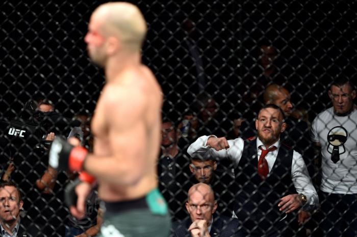 GDANSK, POLAND - OCTOBER 21: UFC lightweight champion Conor McGregor cheers on teammate Artem Lobov in his featherweight bout against Andre Fili during the UFC Fight Night event inside Ergo Arena on October 21, 2017 in Gdansk, Poland. (Photo by Jeff Botta