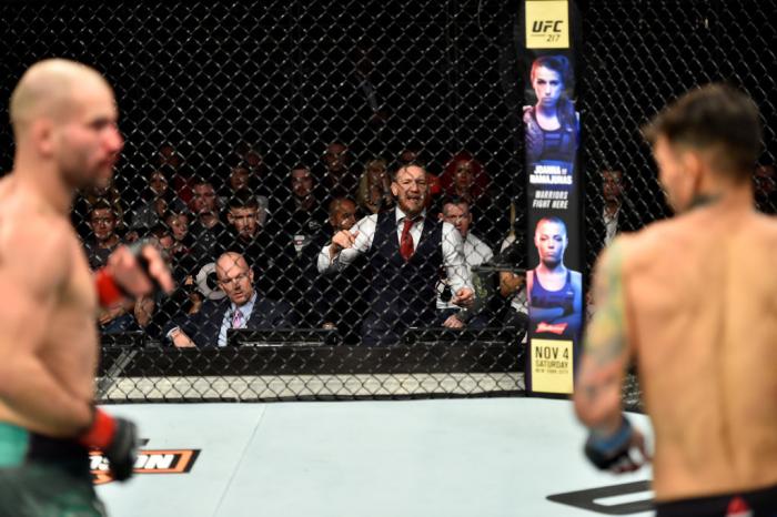 GDANSK, POLAND - OCTOBER 21: UFC lightweight champion Conor McGregor cheers on teammate Artem Lobov in his featherweight bout against Andre Fili during the UFC Fight Night event inside Ergo Arena on October 21, 2017 in Gdansk, Poland. (Photo by Jeff Botta