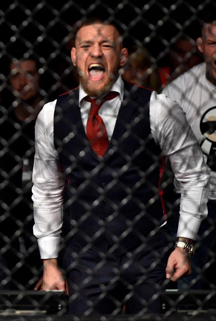 GDANSK, POLAND - OCTOBER 21: UFC lightweight champion Conor McGregor cheers on teammate Artem Lobov in his featherweight bout against Andre Fili during the UFC Fight Night event inside Ergo Arena on October 21, 2017 in Gdansk, Poland. (Photo by Jeff Botta