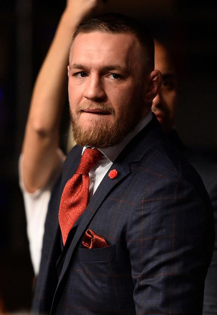 GDANSK, POLAND - OCTOBER 21: UFC lightweight champion Conor McGregor cheers on teammate Artem Lobov in his featherweight bout against Andre Fili during the UFC Fight Night event inside Ergo Arena on October 21, 2017 in Gdansk, Poland. (Photo by Jeff Botta