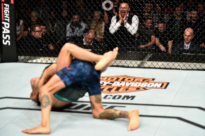 GDANSK, POLAND - OCTOBER 21: UFC lightweight champion Conor McGregor cheers on teammate Artem Lobov in his featherweight bout against Andre Fili during the UFC Fight Night event inside Ergo Arena on October 21, 2017 in Gdansk, Poland. (Photo by Jeff Botta