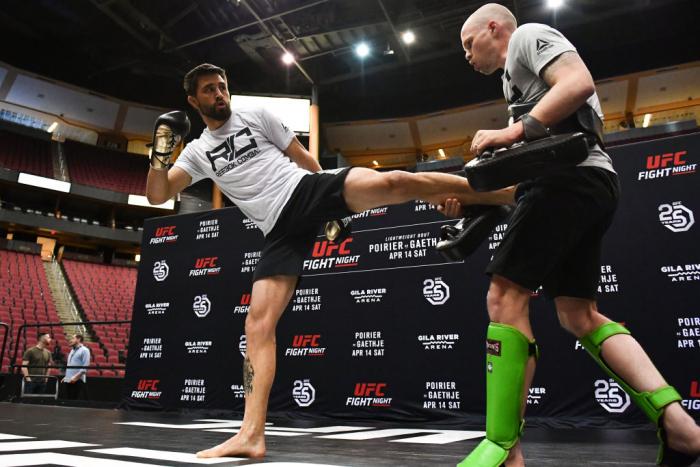 GLENDALE, AZ - APRIL 11: Carlos Condit holds an open workout for fans and media at Gila River Arena on April 11, 2018 in Glendale, Arizona. (Photo by Jennifer Stewart/Zuffa LLC/Zuffa LLC via Getty Images)