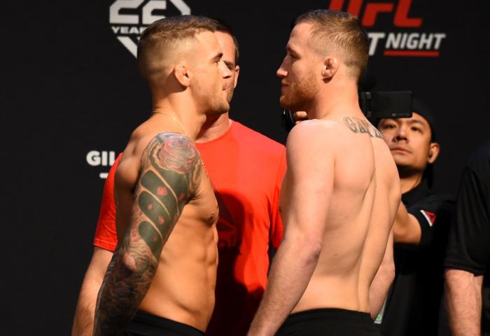 GLENDALE, AZ - APRIL 13: (L-R) Opponents Dustin Poirier and Justin Gaethje face off during the UFC Fight Night weigh-in at the Gila Rivera Arena on April 13, 2018 in Glendale, Arizona. (Photo by Josh Hedges/Zuffa LLC/Zuffa LLC via Getty Images)