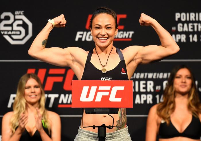 GLENDALE, AZ - APRIL 13: Michelle Waterson poses on the scale during the UFC Fight Night weigh-in at the Gila Rivera Arena on April 13, 2018 in Glendale, Arizona. (Photo by Josh Hedges/Zuffa LLC/Zuffa LLC via Getty Images)
