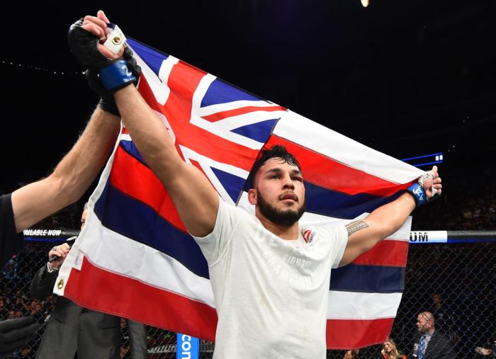 GLENDALE, AZ - APRIL 14: Brad Tavares celebrates his victory over Krzysztof Jotko of Poland in their middleweight fight during the UFC Fight Night event at the Gila Rivera Arena on April 14, 2018 in Glendale, Arizona. (Photo by Josh Hedges/Zuffa LLC/Zuff