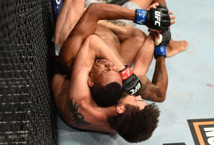 GLENDALE, AZ - APRIL 14: Carlos Condit attempts to submit Alex Oliveira of Brazil in their welterweight fight during the UFC Fight Night event at the Gila Rivera Arena on April 14, 2018 in Glendale, Arizona. (Photo by Josh Hedges/Zuffa LLC/Zuffa LLC via
