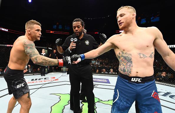 GLENDALE, AZ - APRIL 14: (L-R) Dustin Poirier and Justin Gaethje touch gloves in their lightweight fight during the UFC Fight Night event at the Gila Rivera Arena on April 14, 2018 in Glendale, Arizona. (Photo by Josh Hedges/Zuffa LLC/Zuffa LLC via Getty