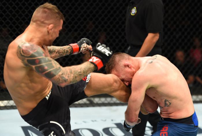 GLENDALE, AZ - APRIL 14: (L-R) Dustin Poirier kicks Justin Gaethje in their lightweight fight during the UFC Fight Night event at the Gila Rivera Arena on April 14, 2018 in Glendale, Arizona. (Photo by Josh Hedges/Zuffa LLC/Zuffa LLC via Getty Images)