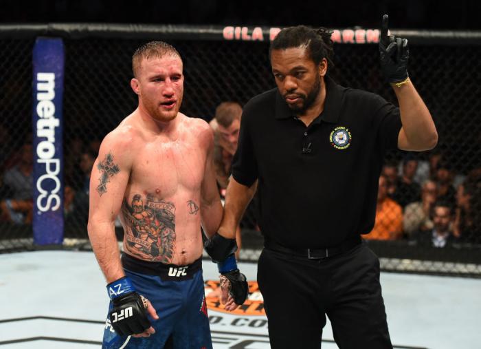GLENDALE, AZ - APRIL 14: Justin Gaethje has one point taken away for an eye poke to Dustin Poirier in their lightweight fight during the UFC Fight Night event at the Gila Rivera Arena on April 14, 2018 in Glendale, Arizona. (Photo by Josh Hedges/Zuffa LL