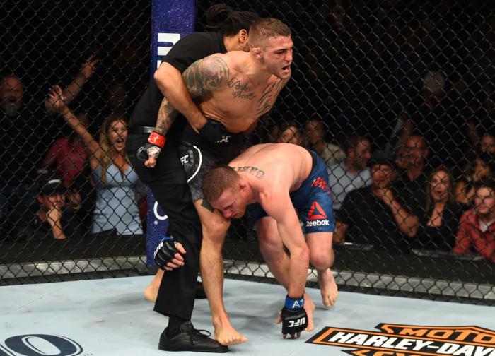 GLENDALE, AZ - APRIL 14: (L-R) Dustin Poirier defeats Justin Gaethje in their lightweight fight during the UFC Fight Night event at the Gila Rivera Arena on April 14, 2018 in Glendale, Arizona. (Photo by Josh Hedges/Zuffa LLC/Zuffa LLC via Getty Images)