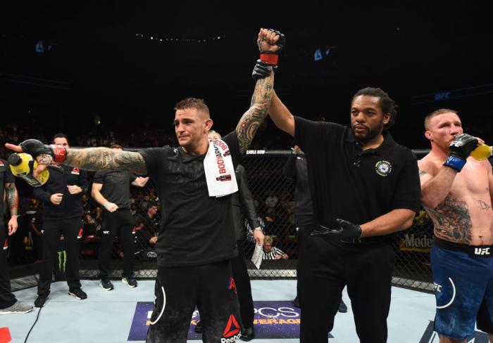 GLENDALE, AZ - APRIL 14: Dustin Poirier celebrates his victory over Justin Gaethje in their lightweight fight during the UFC Fight Night event at the Gila Rivera Arena on April 14, 2018 in Glendale, Arizona. (Photo by Josh Hedges/Zuffa LLC/Zuffa LLC via