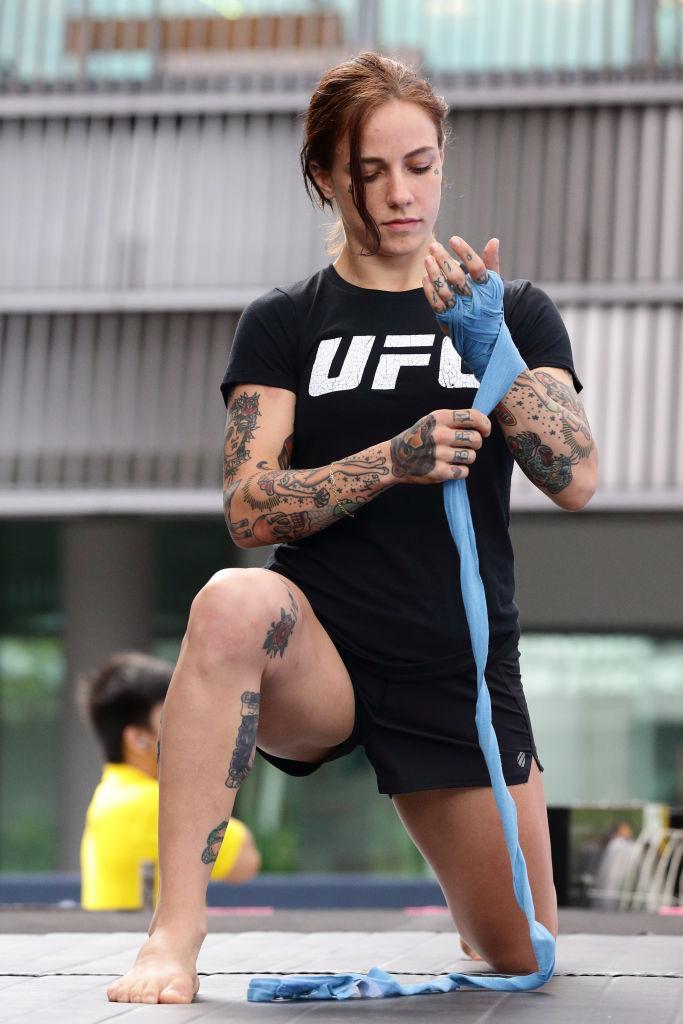 SINGAPORE - JUNE 20: Jessica-Rose Clark of Australia participates in the UFC Fight Night Open Workout at OCBC Square on June 20, 2018 in Singapore. (Photo by Suhaimi Abdullah - Zuffa LLC/Zuffa LLC)