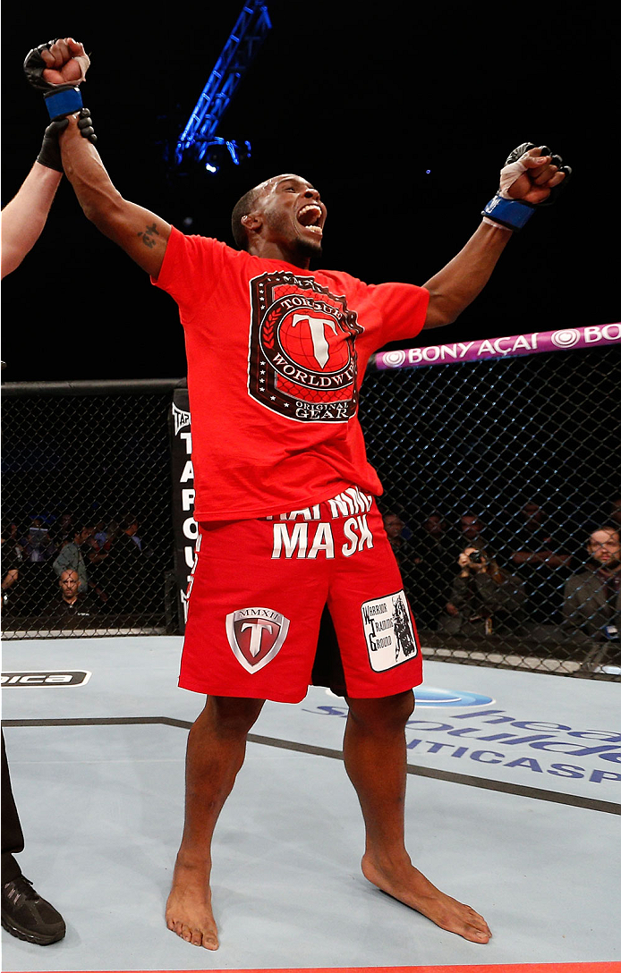 BELO HORIZONTE, BRAZIL - SEPTEMBER 04: Sean Spencer reacts after defeating Yuri Villefort in the welterweight fight during the UFC on FOX Sports 1 event at Mineirinho Arena on September 4, 2013 in Belo Horizonte, Brazil. (Photo by Josh Hedges/Zuffa LLC/Z