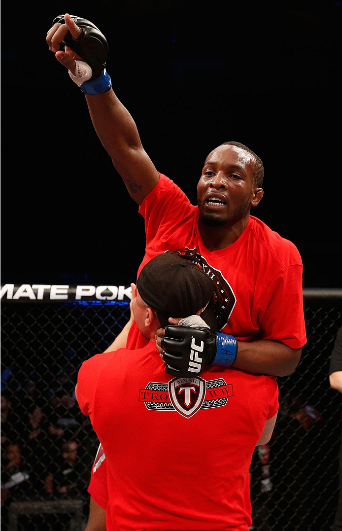 BELO HORIZONTE, BRAZIL - SEPTEMBER 04: Sean Spencer reacts after defeating Yuri Villefort in the welterweight fight during the UFC on FOX Sports 1 event at Mineirinho Arena on September 4, 2013 in Belo Horizonte, Brazil. (Photo by Josh Hedges/Zuffa LLC/Z
