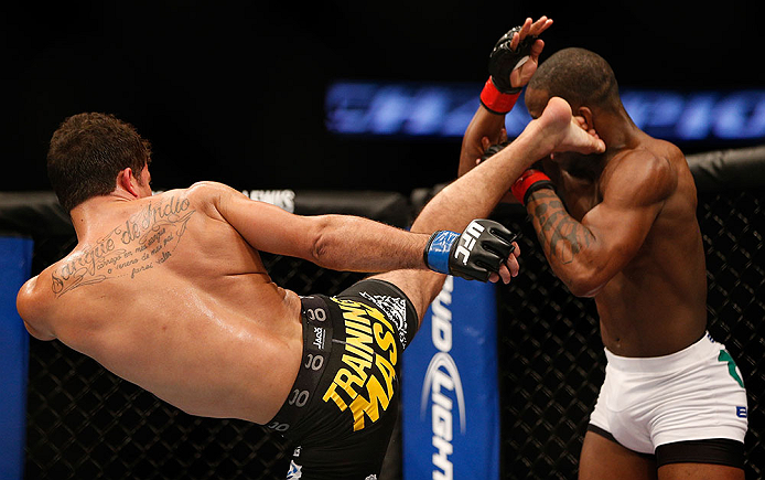ANAHEIM, CA - FEBRUARY 23: (L-R) Yuri Villefort kicks Nah-Shon Burrell in their welterweight bout during UFC 157 at Honda Center on February 23, 2013 in Anaheim, California. (Photo by Josh Hedges/Zuffa LLC/Zuffa LLC via Getty Images) *** Local Caption *