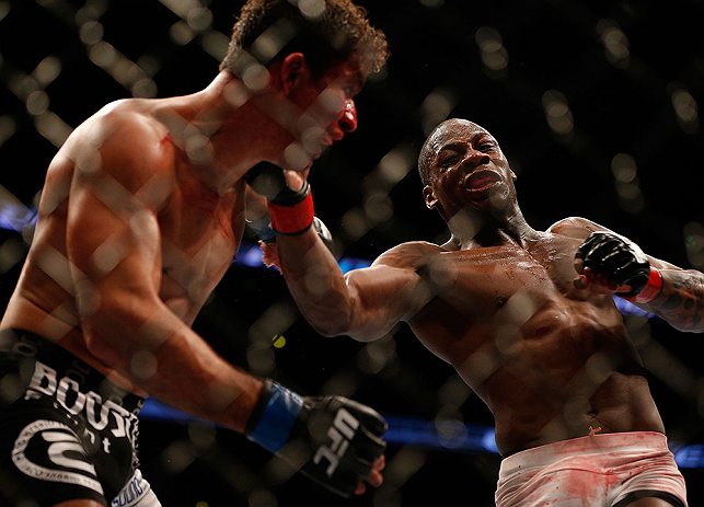 ANAHEIM, CA - FEBRUARY 23: (R-L) Nah-Shon Burrell punches Yuri Villefort in their welterweight bout during UFC 157 at Honda Center on February 23, 2013 in Anaheim, California. (Photo by Josh Hedges/Zuffa LLC/Zuffa LLC via Getty Images) *** Local Caption