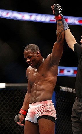 ANAHEIM, CA - FEBRUARY 23: Nah-Shon Burrell reacts to his victory over Yuri Villefort in their welterweight bout during UFC 157 at Honda Center on February 23, 2013 in Anaheim, California. (Photo by Josh Hedges/Zuffa LLC/Zuffa LLC via Getty Images) ***